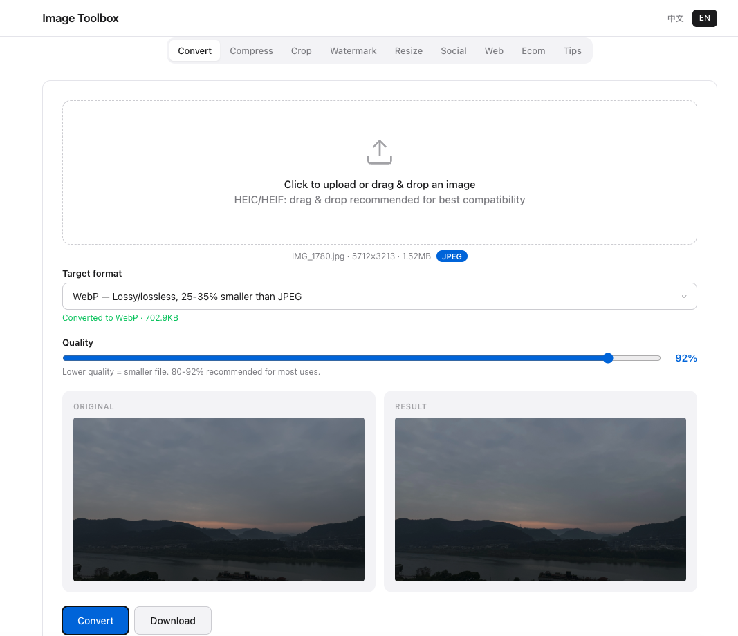 AVIF vs WebP compression comparison showing quality and file size differences