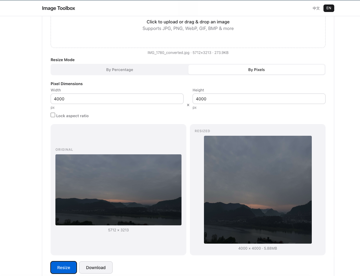 Comparison showing oversized 4000px image versus properly sized 1200px screen-optimized version