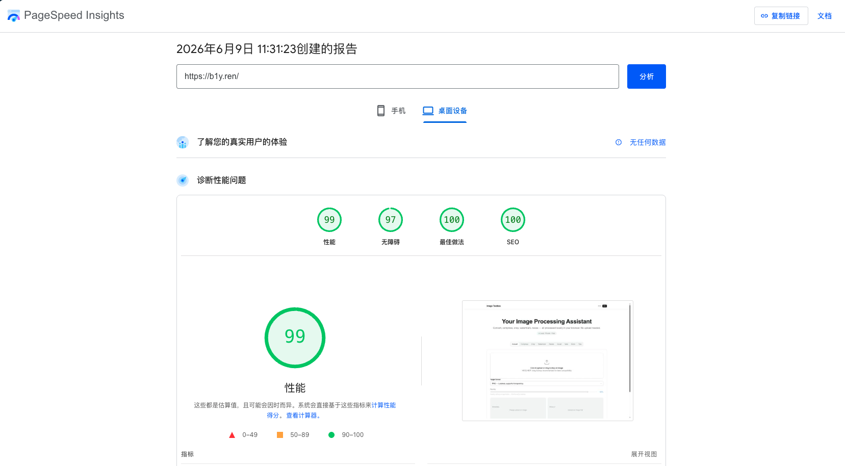 PageSpeed Insights desktop performance score for b1y.ren