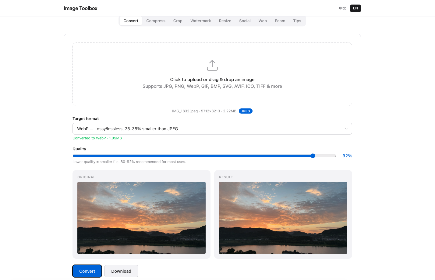 JPEG conversion result: 5712×3213 photo compressed to 1.85MB at 92% quality