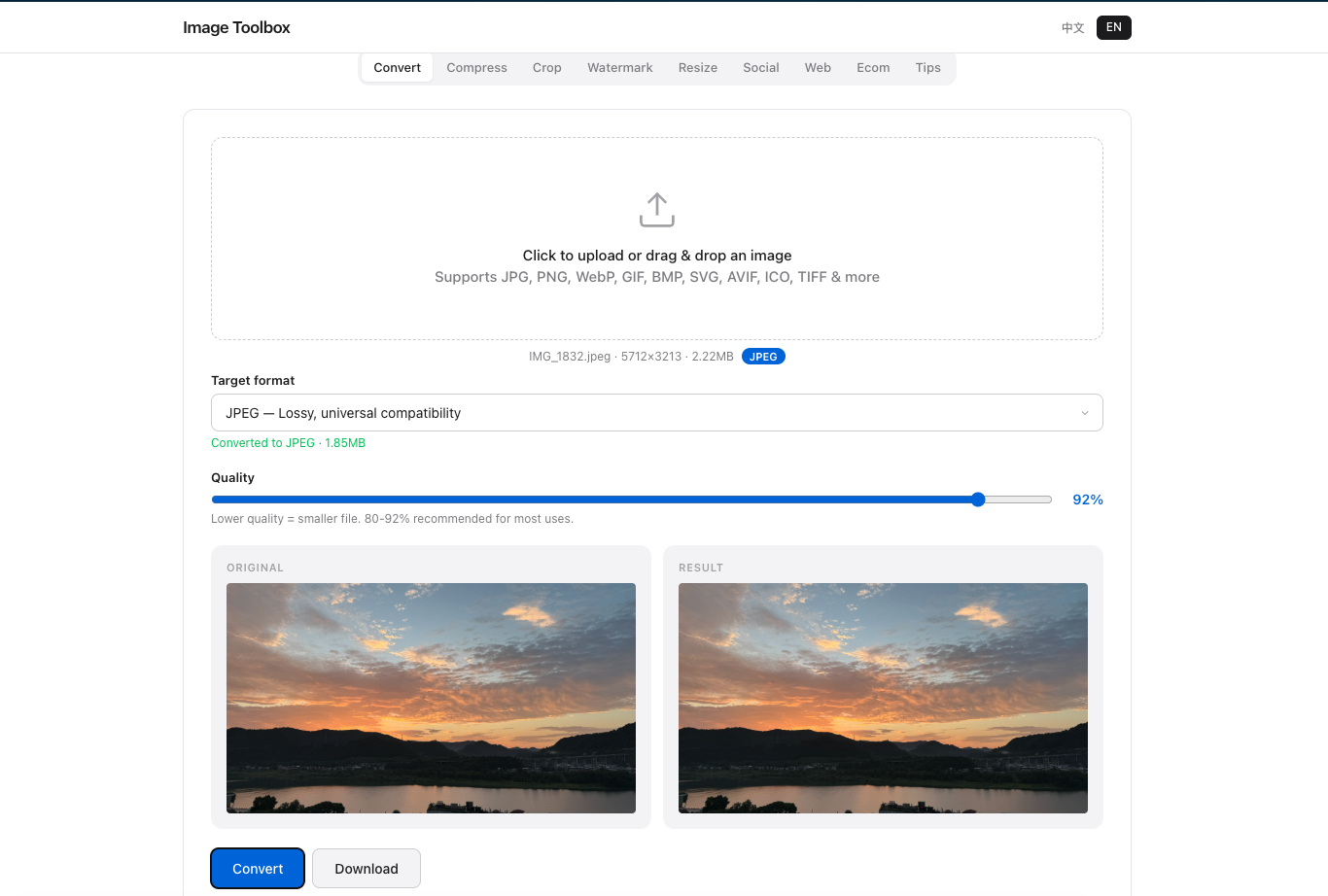 WebP conversion result: same photo converted to WebP at 92% quality — only 1.05MB, 43% smaller